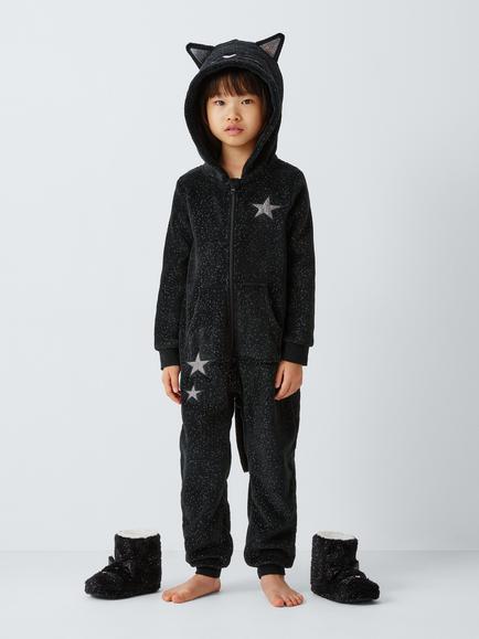 John Lewis Kids' Sparkle Cat Onesie, Black, Black