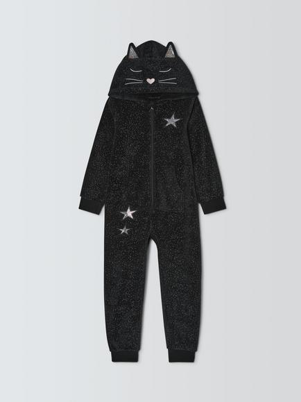 John Lewis Kids' Sparkle Cat Onesie, Black, Black