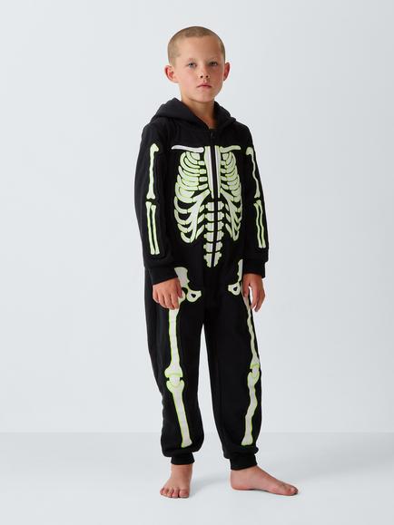 John Lewis Kids' Neon Glow in the Dark Skeleton Onesie, Black, Black