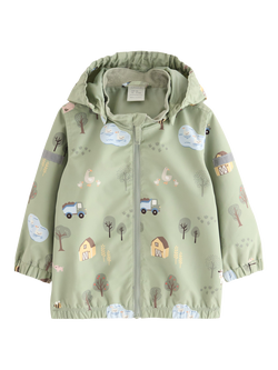 Lindex Baby Farm Print Hooded Rain Jacket, Green, Green