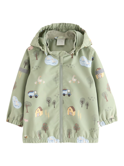 Lindex Baby Farm Print Hooded Rain Jacket, Green, Green