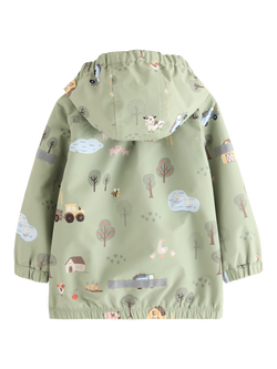 Lindex Baby Farm Print Hooded Rain Jacket, Green - view 2, Green