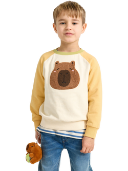 Lindex Kids' Raglan Sleeve Capybara Applique Sweatshirt, White, White