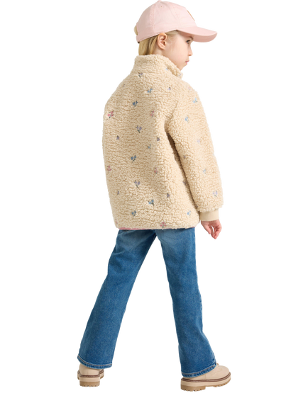Lindex Kids' Floral Embroidered Pile Jacket, Light Beige - view 2, Light Beige