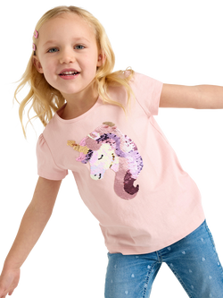 Lindex Kids' Short Sleeve Sequin Unicorn T-Shirt, Light Dusty Pink