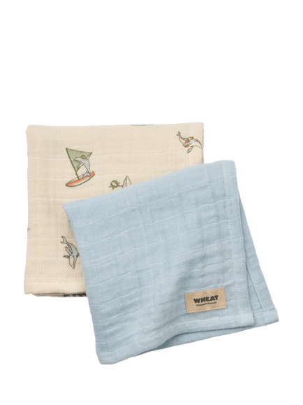 WHEAT Baby Kaya Muslin Cloth, Pack of 2, Blue/Cream, Blue/Cream