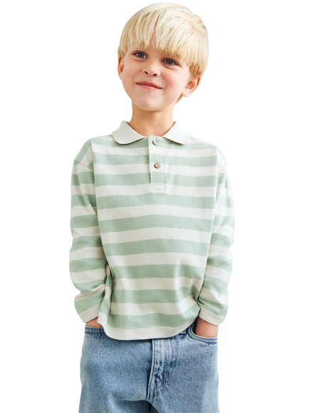 WHEAT Kids' Fred Long Sleeve Stripe Polo Shirt, Mint, Mint