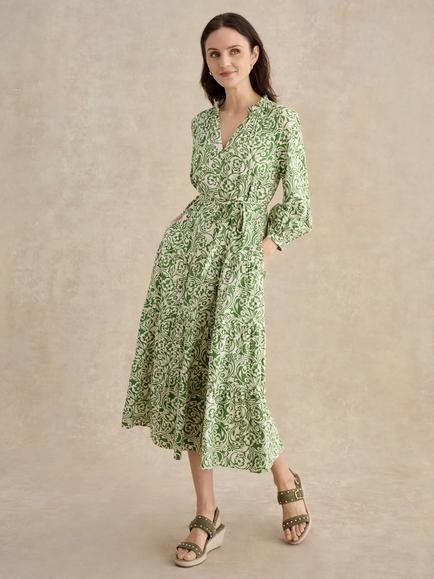 Hobbs Amaris Tie Waist Floral Midi Dress, Green/Cream, Green/Cream