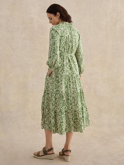 Hobbs Amaris Tie Waist Floral Midi Dress, Green/Cream - view 2, Green/Cream