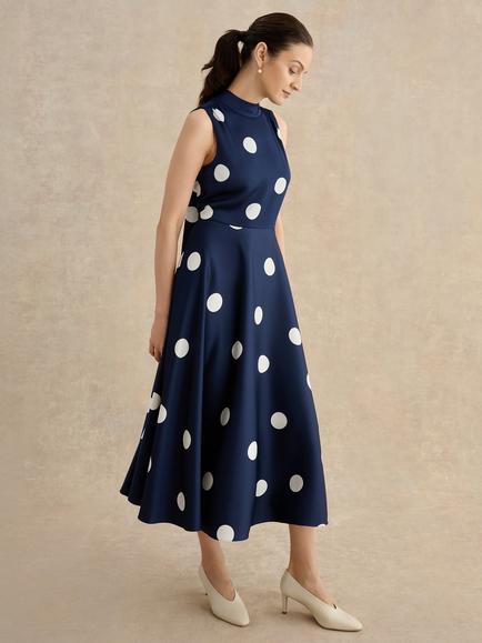 Hobbs Mia Polka Dot Satin Dress, Navy/White, Navy/White