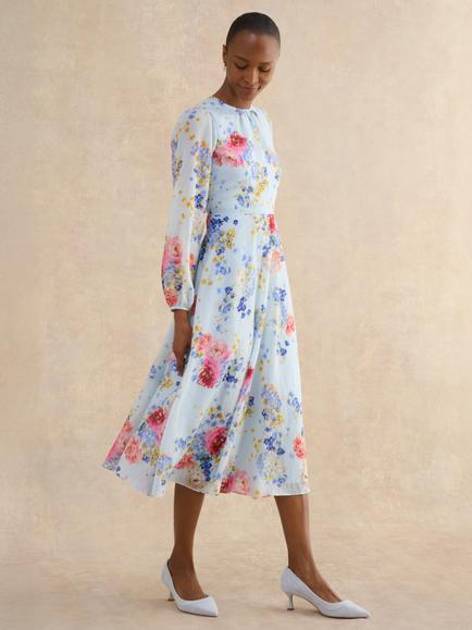 Hobbs Petite Constance Floral Midi Dress, Pale Blue