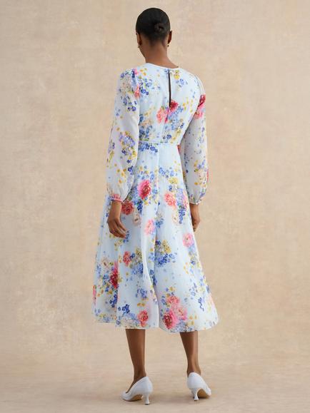 Hobbs Petite Constance Floral Midi Dress - view 2, Pale Blue