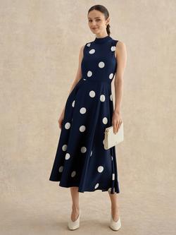 Hobbs Petite Mia Polka Dot Satin Dress, Midnight Ivory, Midnight Ivory