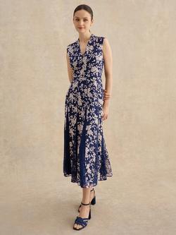 Hobbs Petite Quin Floral Godet Dress, Midnight/Blush, Midnight/Blush