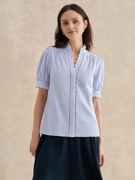 Hobbs Naima Stripe Scallop Shirt, Blue/White, Blue/White