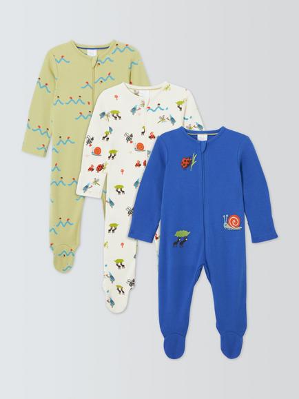 John Lewis Baby Bug Sleepsuits, Pack of 3, Blue Multi, Blue Multi