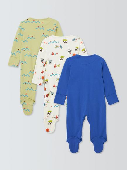 John Lewis Baby Bug Sleepsuits, Pack of 3, Blue Multi - view 2, Blue Multi