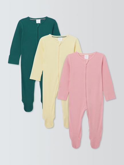 John Lewis Baby Ribbed Sleepsuits, Pack of 3, Pink Multi, Pink Multi