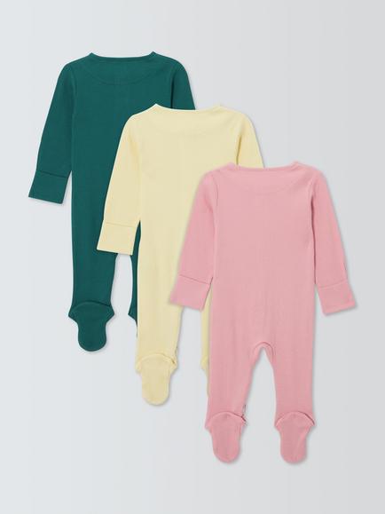 John Lewis Baby Ribbed Sleepsuits, Pack of 3, Pink Multi - view 2, Pink Multi