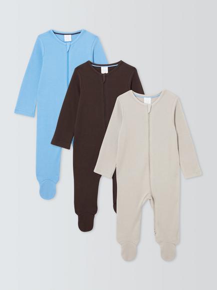 John Lewis Baby Rib Knit Sleepsuit, Pack of 3, Brown Multi, Brown Multi