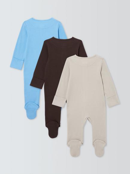 John Lewis Baby Rib Knit Sleepsuit, Pack of 3, Brown Multi - view 2, Brown Multi