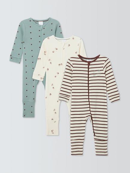 John Lewis Baby Acorn Rib Knit Sleepsuit, Pack of 3, Burgundy Multi, Burgundy Multi