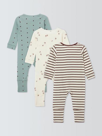 John Lewis Baby Acorn Rib Knit Sleepsuit, Pack of 3, Burgundy Multi - view 2, Burgundy Multi