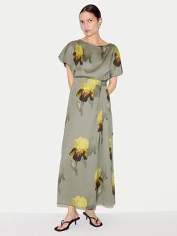 Jigsaw Iris Print Satin Midi Dress, Green, Green