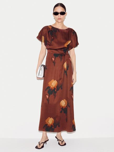 Jigsaw Iris Print Satin Midi Dress, Orange