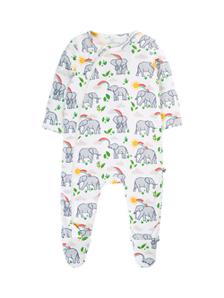 Frugi Baby Kimono Cotton Elephant  Zip Up Sleepsuit, Elephant Plains, Elephant Plains