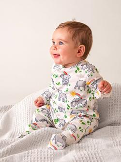 Frugi Baby Kimono Cotton Elephant  Zip Up Sleepsuit, Elephant Plains - view 2, Elephant Plains