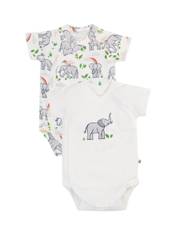 Frugi Kids' Shay Summer Short Sleeve Bodysuit, Pack of 2, Elephantplains/White, Elephantplains/White