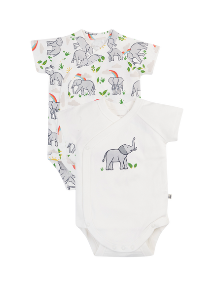 Frugi Kids' Shay Summer Short Sleeve Bodysuit, Pack of 2, Elephantplains/White, Elephantplains/White