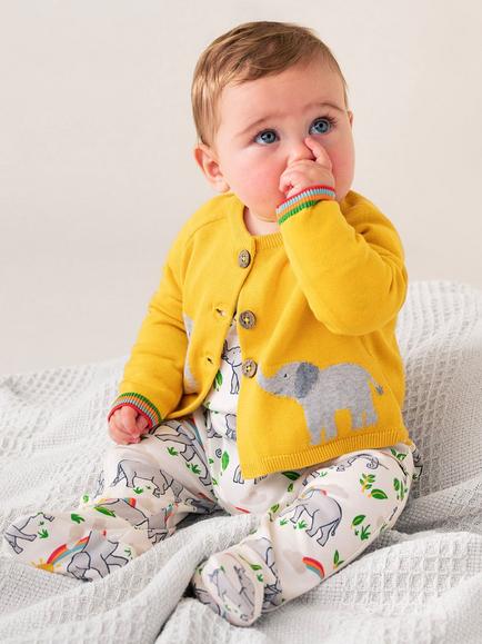 Frugi Baby Elephant Bonny Baby Cardigan, Yellow - view 2, Yellow
