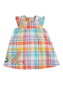 Frugi Baby Flora Check Flutter Sleeve Dress, Springtimechk/Rabbit, Springtimechk/Rabbit