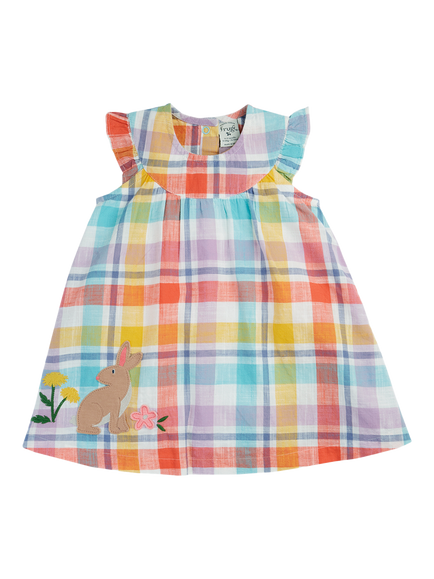 Frugi Baby Flora Check Flutter Sleeve Dress, Springtimechk/Rabbit, Springtimechk/Rabbit