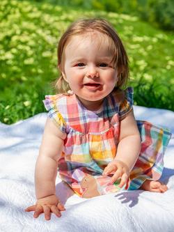 Frugi Baby Flora Check Flutter Sleeve Dress, Springtimechk/Rabbit - view 2, Springtimechk/Rabbit