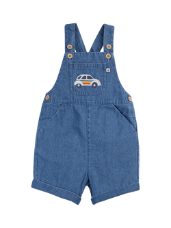 Frugi Baby Cotton Denim Dungarees, Denim/Car, Denim/Car