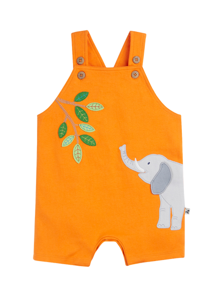 Frugi Baby Lelant Applique Dungarees, Sparkorange/Elephant, Sparkorange/Elephant