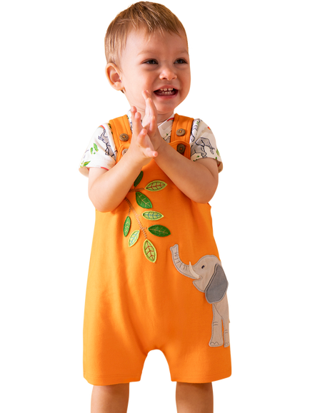 Frugi Baby Lelant Applique Dungarees, Sparkorange/Elephant - view 2, Sparkorange/Elephant