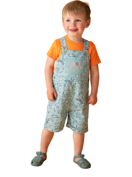 Frugi Baby Matthew Short Dungarees, Happy Herd/Elephant - view 2, Happy Herd/Elephant