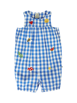 Frugi Kids' Summer Short Dungarees, Cobalt Gingham/Happy, Cobalt Gingham/Happy