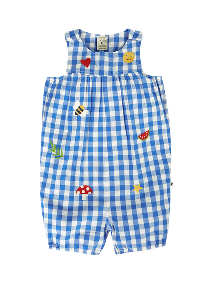 Frugi Kids' Summer Short Dungarees, Cobalt Gingham/Happy, Cobalt Gingham/Happy