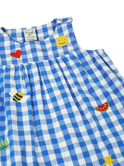 Frugi Kids' Summer Short Dungarees, Cobalt Gingham/Happy - view 2, Cobalt Gingham/Happy