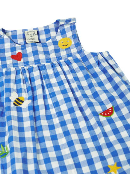 Frugi Kids' Summer Short Dungarees, Cobalt Gingham/Happy - view 2, Cobalt Gingham/Happy