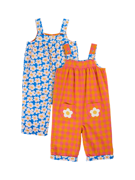 Frugi Kids' Sylvie Reversible Dungarees, Spark Check/Daisy, Spark Check/Daisy