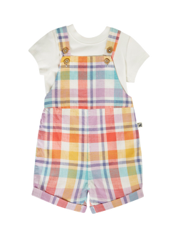 Frugi Baby Freddie T-Shirt and Shortie Dungaree Set, Springtime Check, Springtime Check