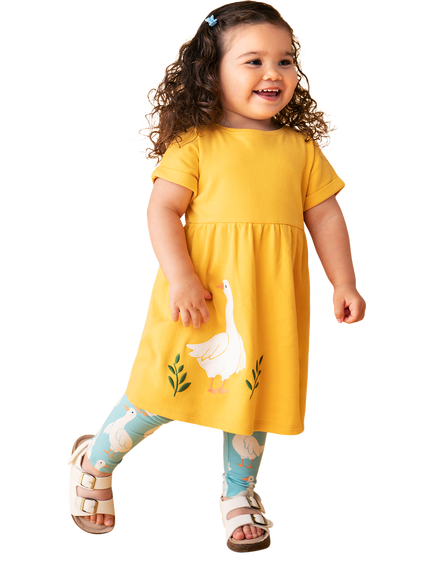 Frugi Baby Mari Dress and Leggings Set, Bmblebee/Goosegaggle - view 2, Bmblebee/Goosegaggle