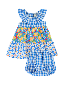 Frugi Baby Nina Cotton Floral Check Dress & Bloomers Set, Picnic Posy/Gingham, Picnic Posy/Gingham