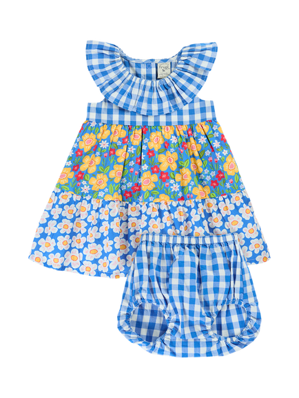 Frugi Baby Nina Cotton Floral Check Dress & Bloomers Set, Picnic Posy/Gingham, Picnic Posy/Gingham
